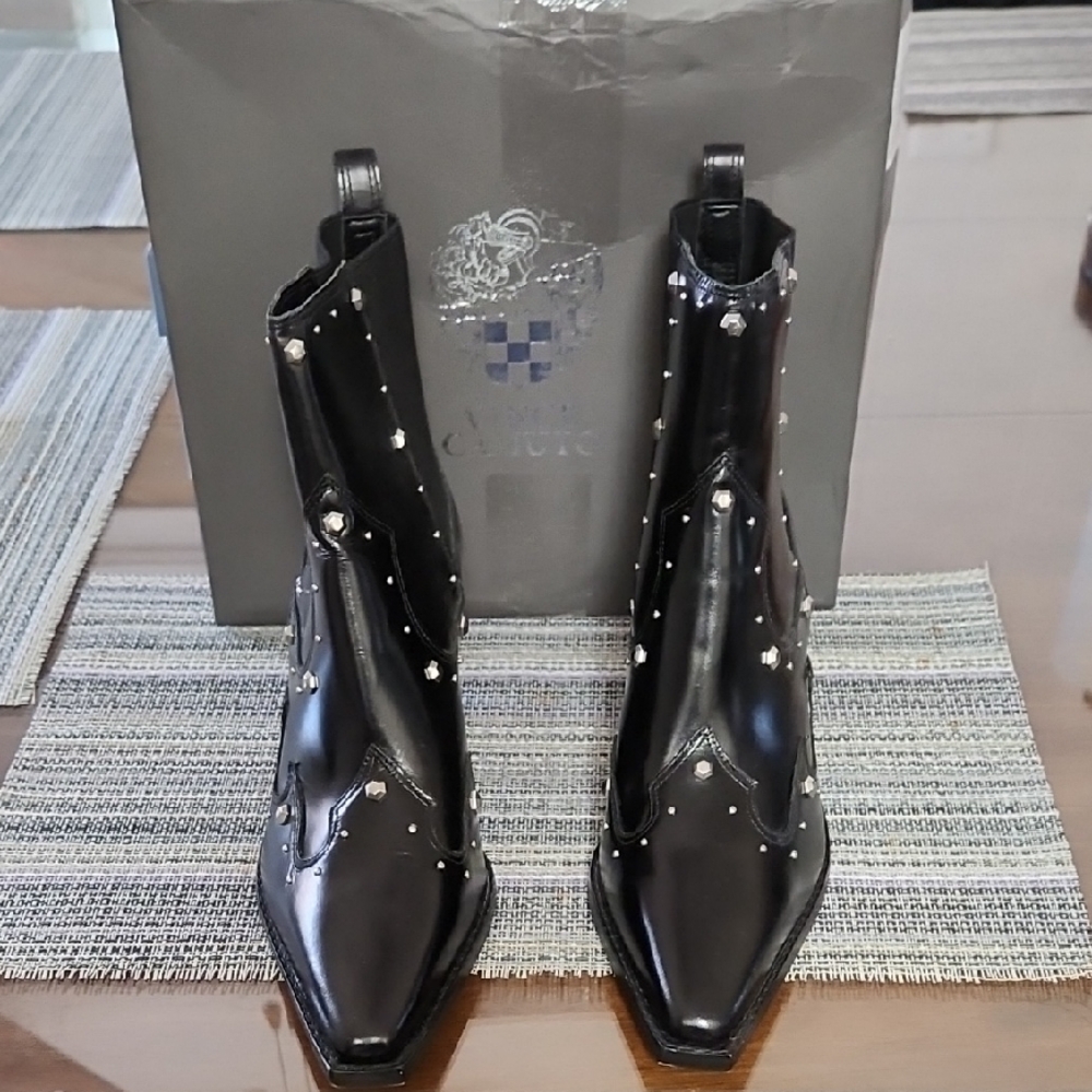 Vince Camuto Black Leather Ankle Boots with Silver Accents